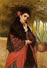 John Bagnold Burgess Canvas Paintings - A Spanish Beauty in a Red and Black Lace Shawl